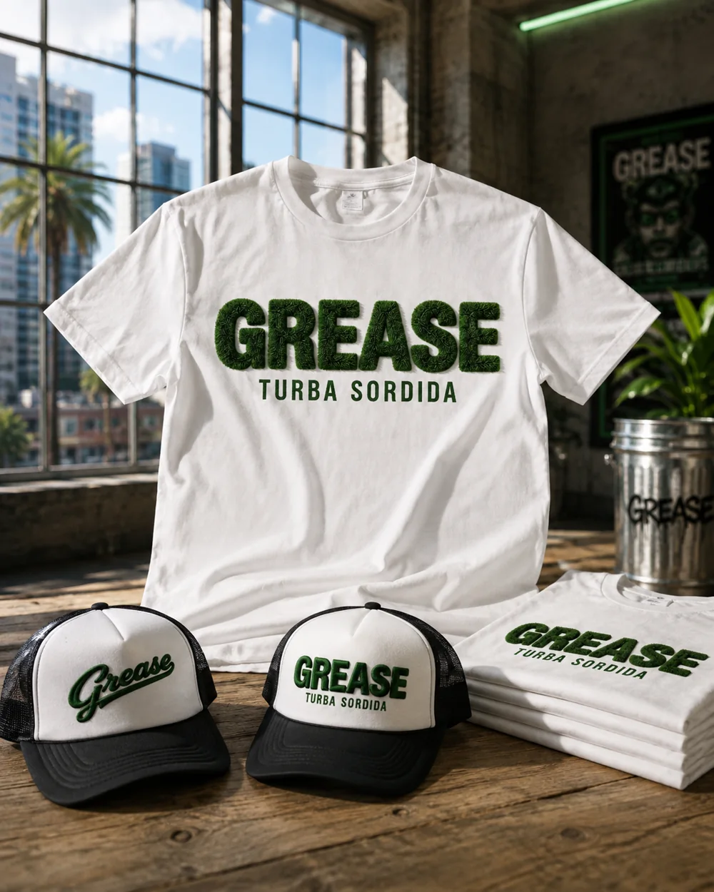 GREASE tee and trucker combo flatlay